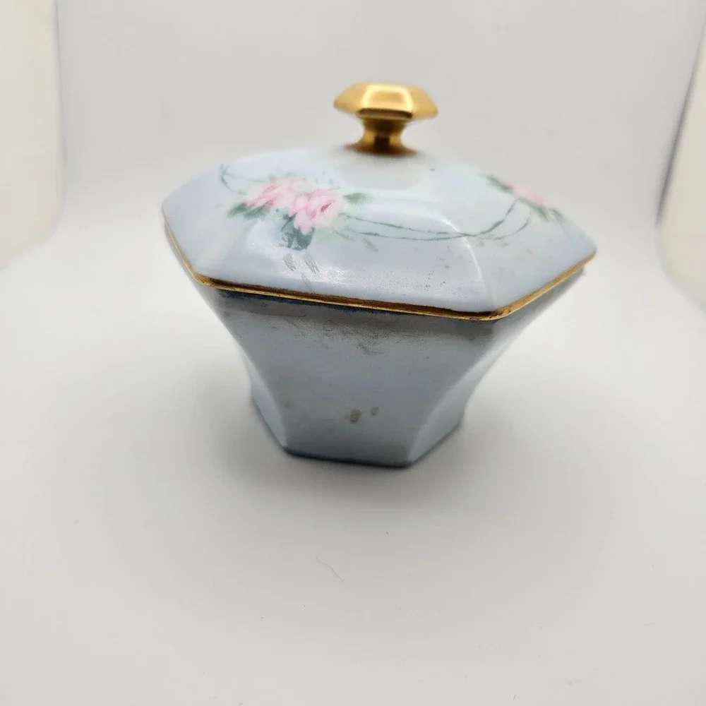 Antique T&V Limoges France 3 Pc Vanity Set Blue Pink Roses Tray‎ Powder Jar